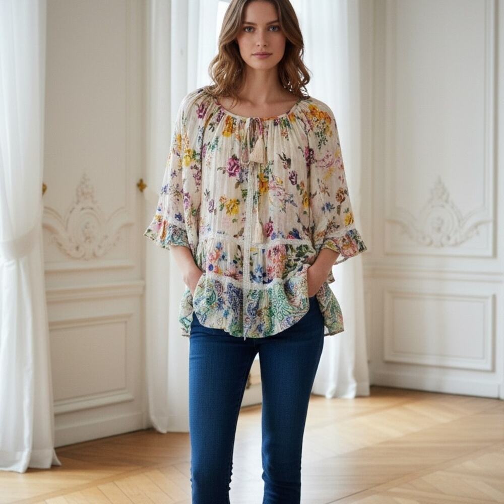 Ruby Ya Ya Off White Multi Floral Lace Peasant Top Medium